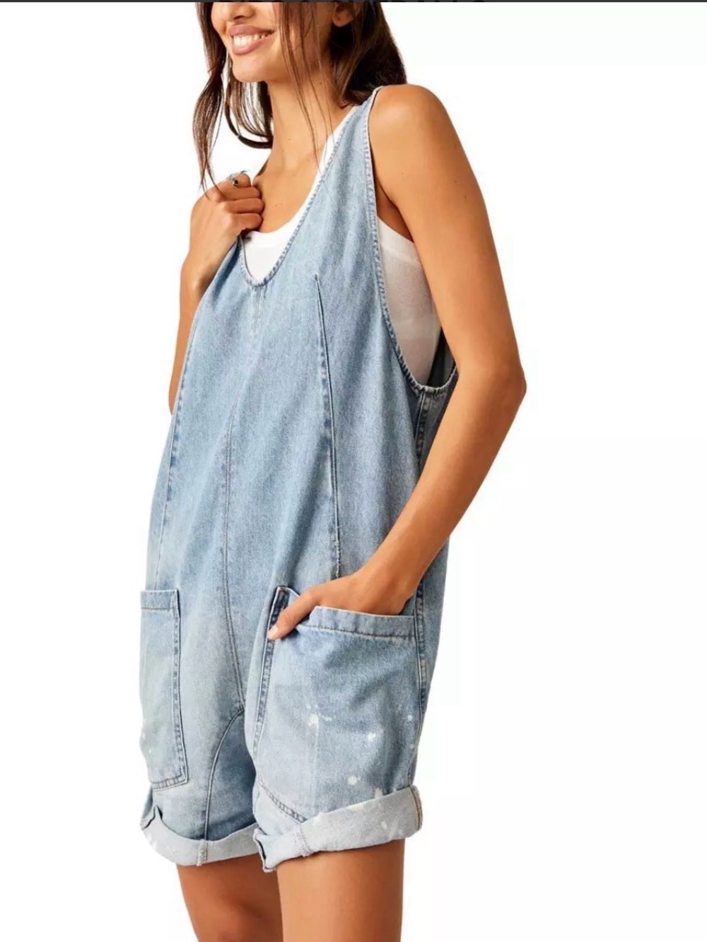We The Free Light Blue Denim Short Romper
